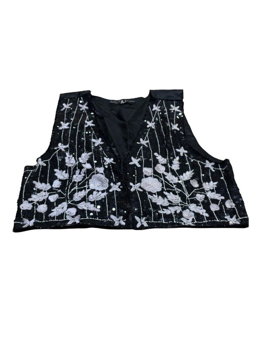 Vintage 90s AJ Black Silk Beaded Floral Vest Whimsigoth Gothic Glam XL